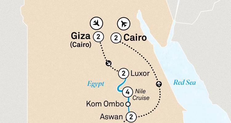 Mapa de un itinerario de viaje a través de regiones en Egipto.