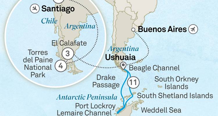 Kaart die een reisroute door Argentinië en Chili benadrukt.