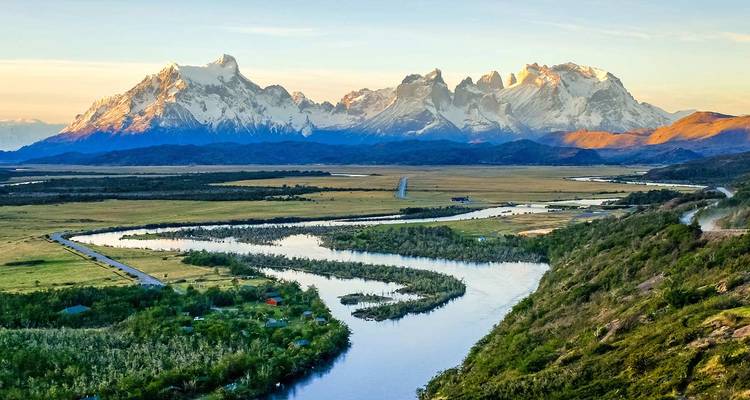 Stunning view of Torres del Paine with rivers and mountains.