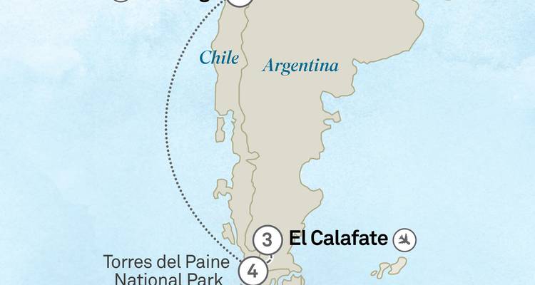 A map showing locations in Argentina and Chile, including El Calafate and Torres del Paine National Park.