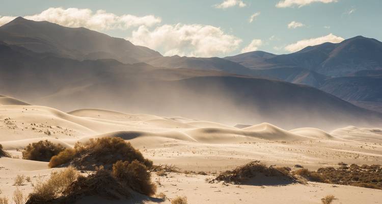 Dunas de arena con montañas al fondo.