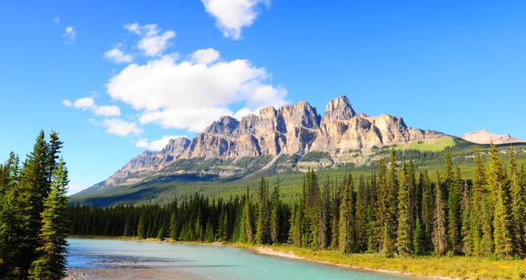 Affleurement rocheux avec des arbres et une rivière sinueuse sous les montagnes.