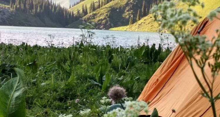Oranges Zelt neben einem See mit Bergen im Hintergrund.