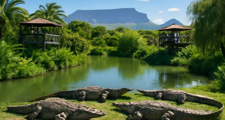 Parc luxuriant avec une rivière, des gazebos et une montagne en arrière-plan.