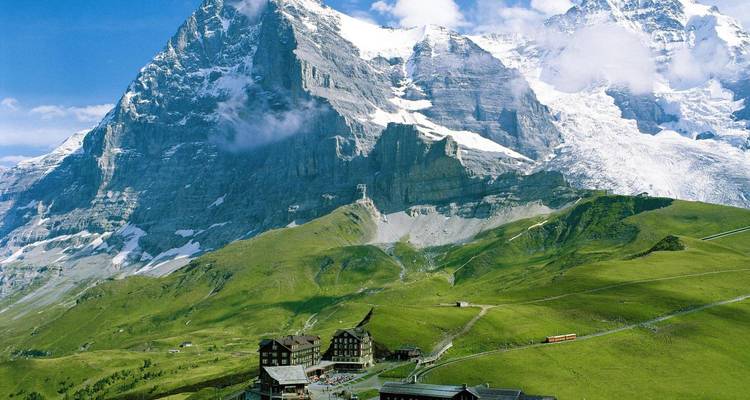 Paysage alpin avec un train et des prés verts.