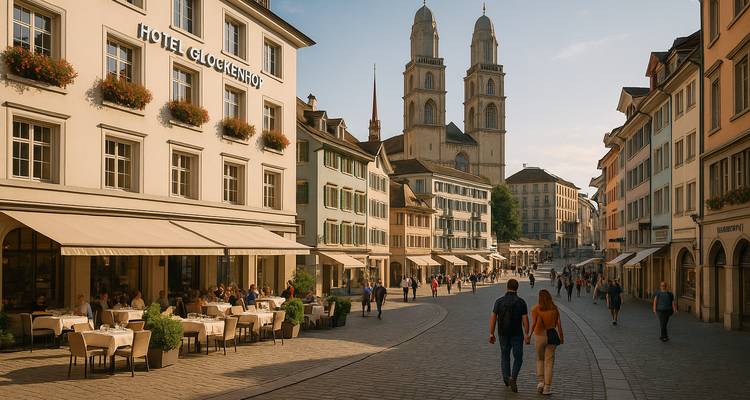 Scène de rue avec des gens qui passent devant des cafés en terrasse.