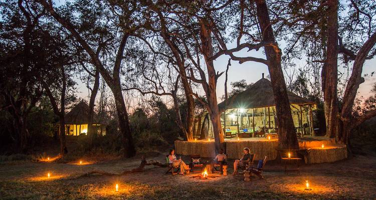 Des gens assis autour d'un feu de camp avec des lanternes allumées dans un cadre forestier