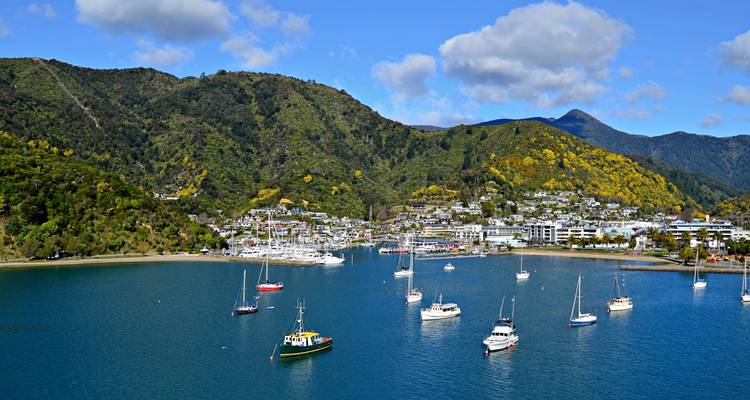 Pueblo marinero rodeado de colinas verdes con decenas de veleros anclados en aguas azules tranquilas en un día soleado