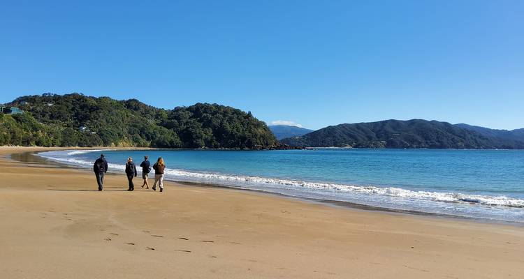 Turistas caminando en una playa soleada.