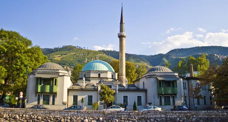 Historic mosque with a mountain backdrop in a city.
