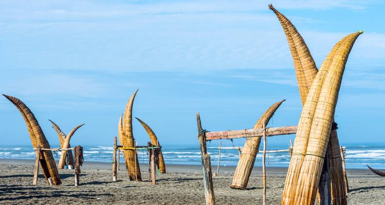 Bateaux traditionnels en roseau sur une plage de sable avec l'océan en arrière-plan.