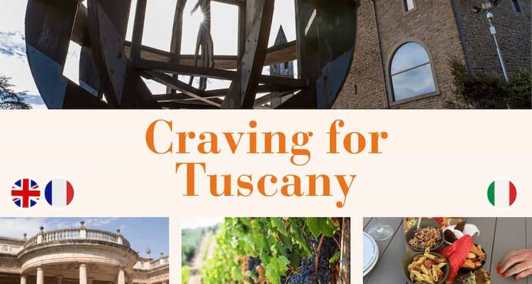 Collage de vues panoramiques de la Toscane avec superposition de texte.