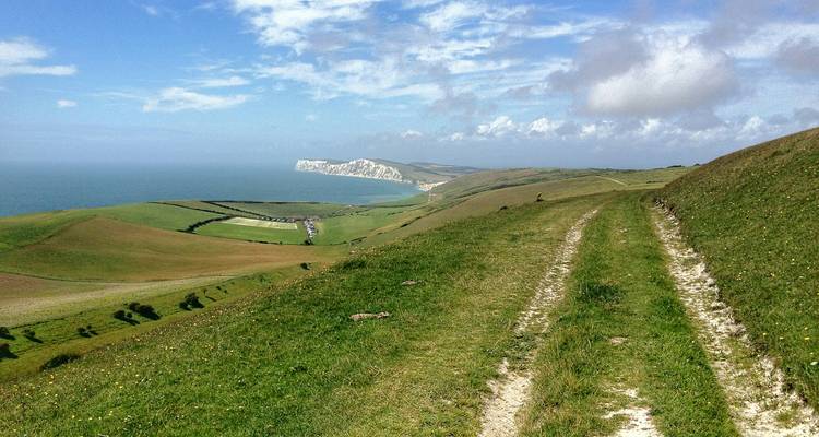 A coastal path with green fields overlooking the sea.