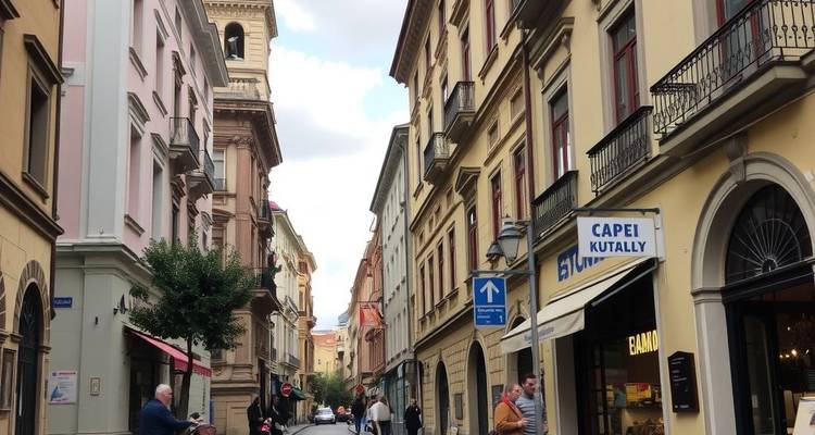 Une rue européenne étroite avec des bâtiments historiques and des gens.