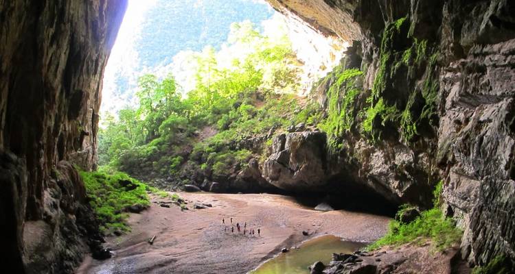 Uitzicht vanuit een grot naar buiten naar het groen.