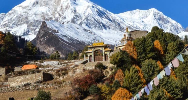 Village avec des arbres colorés et des montagnes enneigées en arrière-plan.