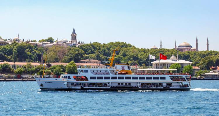 Ferry de passagers naviguant sur une rivière avec un paysage urbain en arrière-plan.