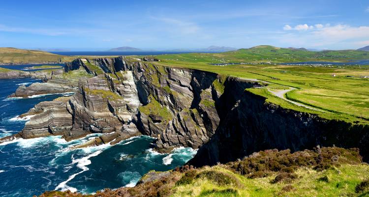 Rugged cliffs along a dramatic seacoast.