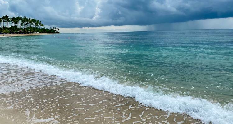 Une plage de sable avec des vagues qui se brisent sur le rivage et un ciel nuageux.