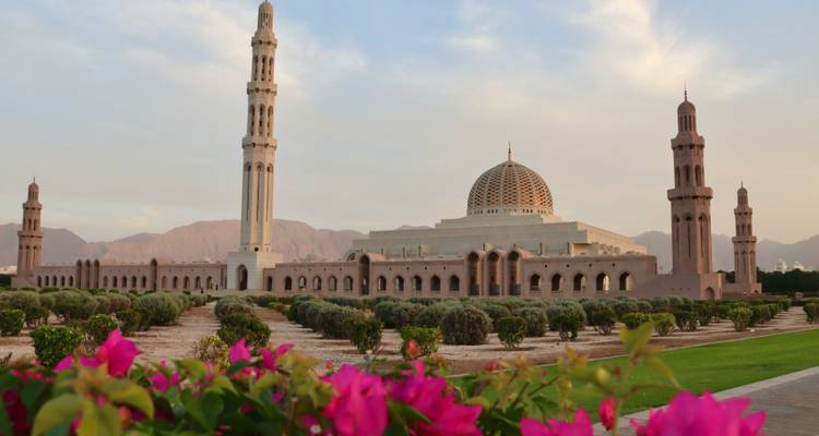 Grande mosquée entourée de jardins et de fleurs