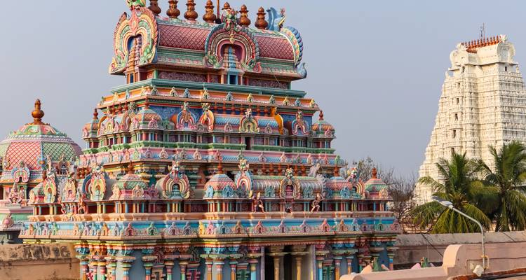 Arquitectura vibrante de templo con tallados detallados en un entorno soleado.