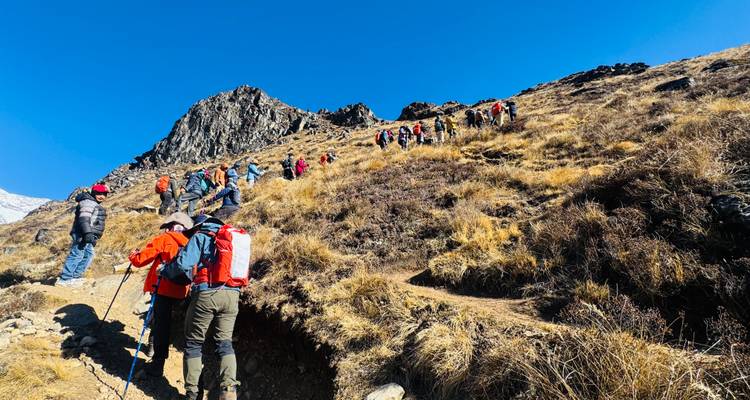 Des randonneurs marchant sur un sentier dans les montagnes.