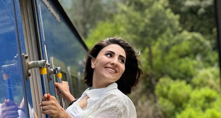 Person smiling while leaning out of a train.
