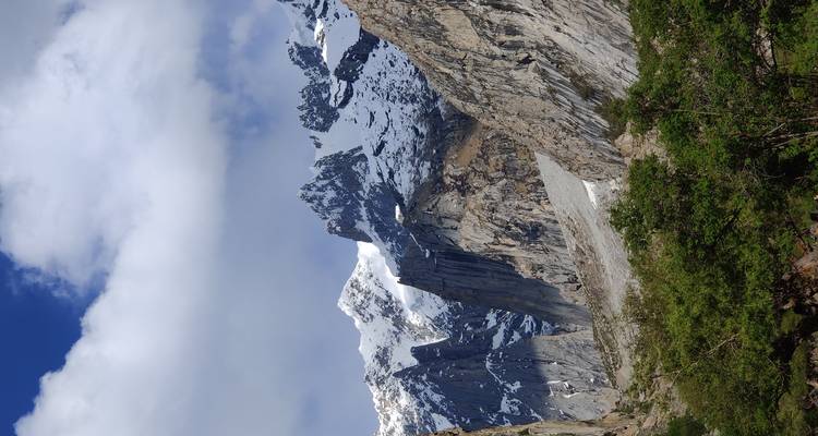Picos irregulares cubiertos de nieve que se elevan sobre arbustos verdes bajo un cielo parcialmente nublado