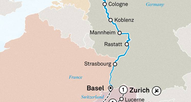 Kaart die een reisroute door verschillende steden in Europa toont.