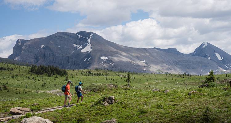 Senderistas en un sendero con amplias vistas de las montañas.
