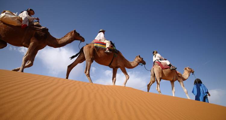 Des personnes chevauchant des chameaux sur des dunes de sable orange sous un ciel dégagé.