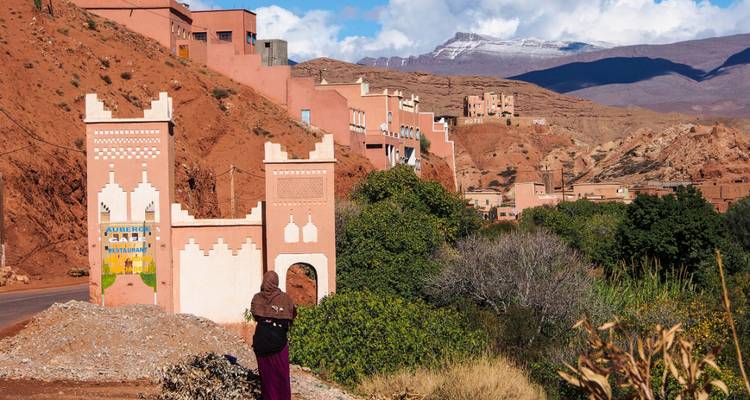 Un village pittoresque le long d'une montagne avec des bâtiments colorés et de la végétation.