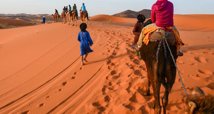Caravane de chameaux avec des gens marchant dans le désert de sable