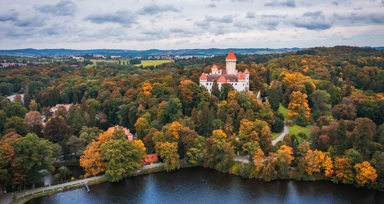 Castillo rodeado por un paisaje boscoso en otoño.
