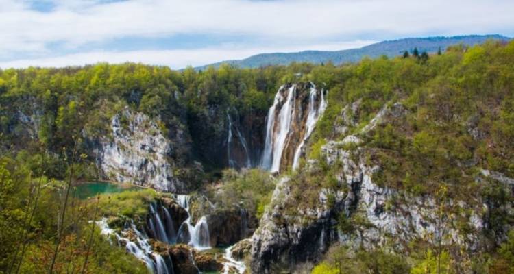 Cascades des lacs de Plitvice entourées de verdure.