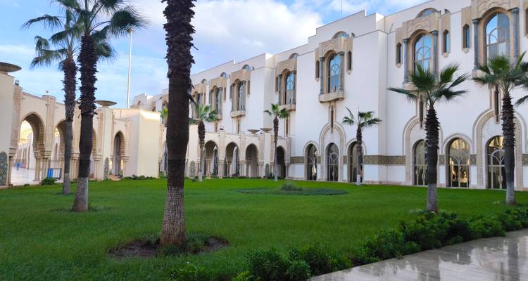 Palais blanc avec des palmiers devant et un ciel bleu