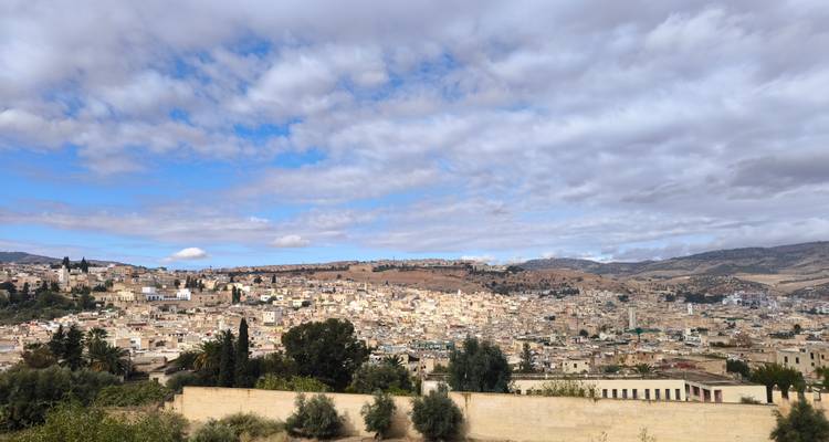 Panoramisch uitzicht op een stadslandschap onder een met wolken bezaaide hemel.
