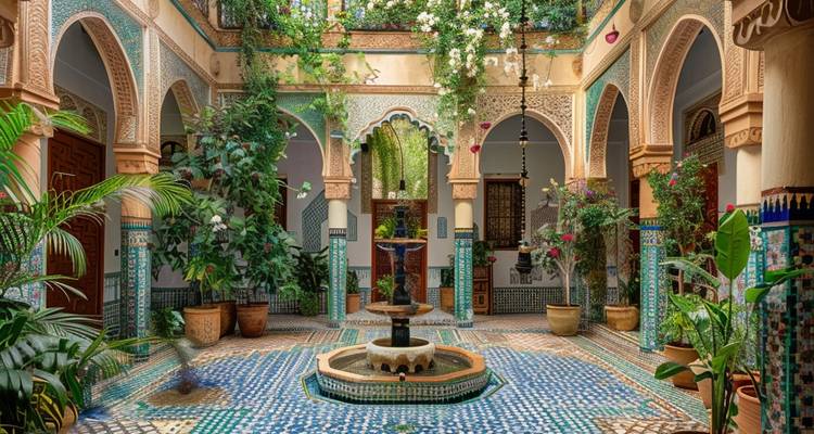 Cour magnifiquement carrelée avec des plantes et une fontaine.
