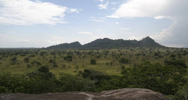 Una vista panorámica de una vasta sabana con montañas distantes.