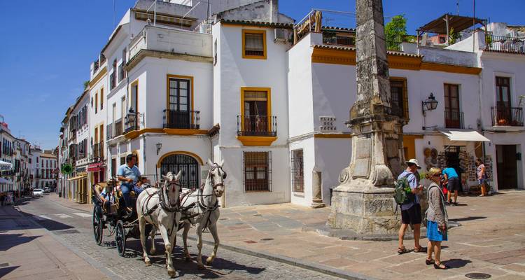 Calèche traversant une ville historique aux bâtiments blanchis à la chaux.