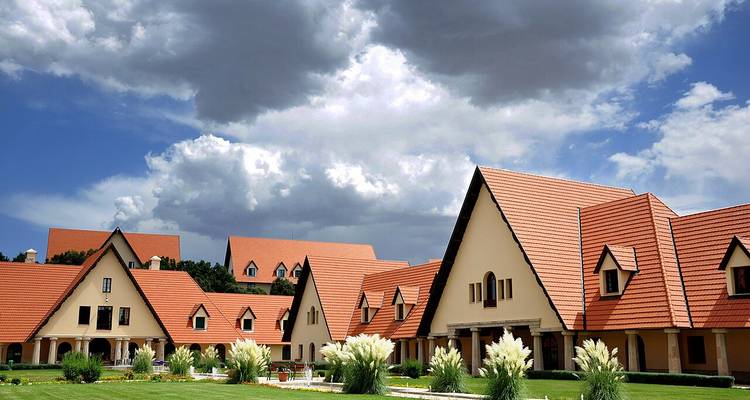 Moderne huizen met driehoekige daken onder een bewolkte hemel.