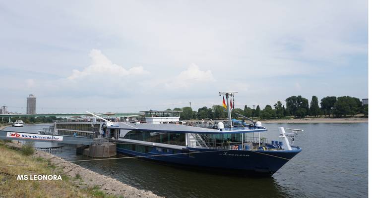 Kreuzfahrtschiff am Flussufer angelegt.