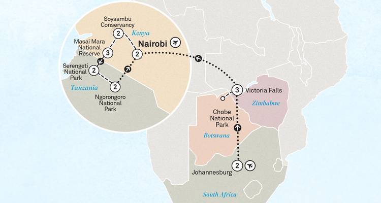 Carte d'itinéraire stylisée montrant les trajets de vol et les routes de voyage à travers certaines parties du Kenya, de la Tanzanie, du Botswana, du Zimbabwe et de l'Afrique du Sud.