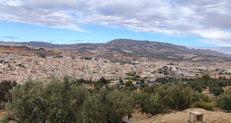 Expansive view of a town nestled in a hilly region.