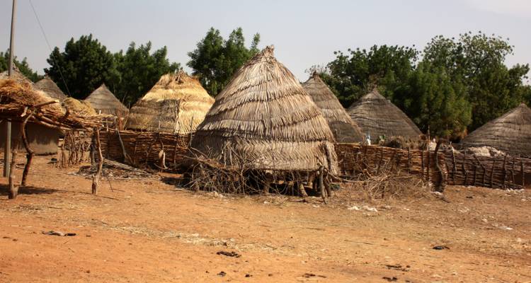 Un cadre rural avec des huttes au toit de chaume et un paysage aride.