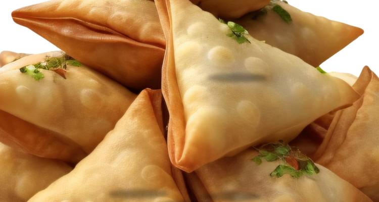 Une vue rapprochée de samoussas dorés frits empilés ensemble.