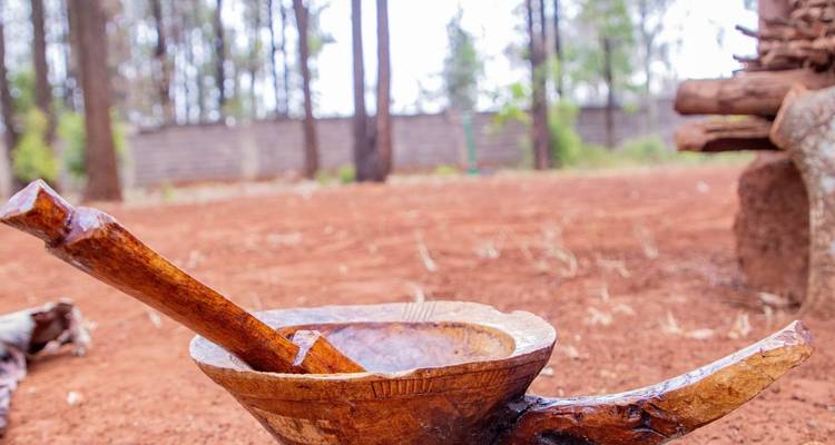 Gros plan d'un bol en bois et d'un pilon posés au sol.