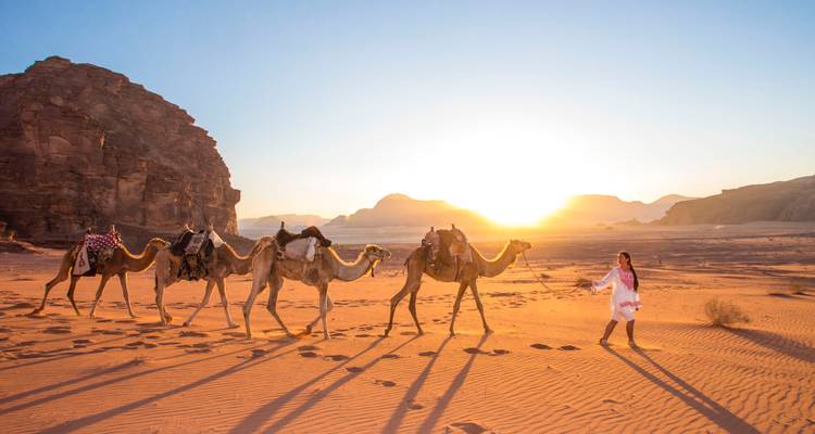 Lange Kamelkarawane geführt von einer Frau in fließenden Kleidern durch Wadi Rum bei Sonnenaufgang mit Sonnenstrahlen