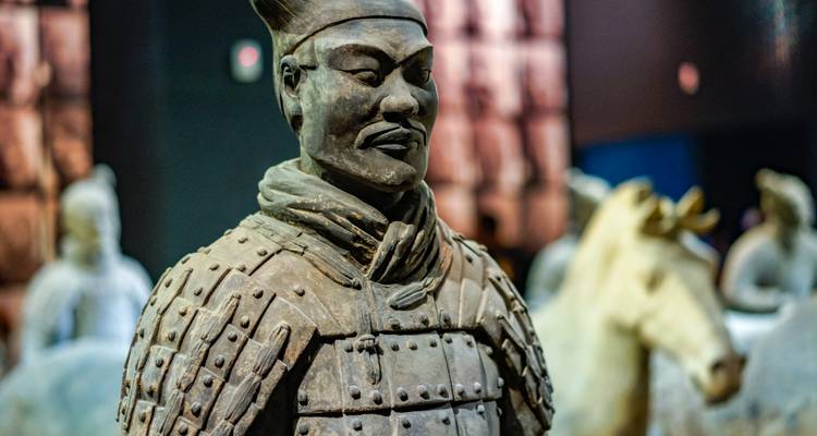 Terracotta Krijger standbeeld in een museumomgeving.