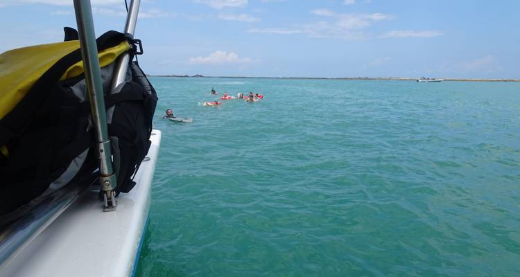 Zwemmers in reddingsvesten snorkelen achter een klein bootje in helder turquoise water